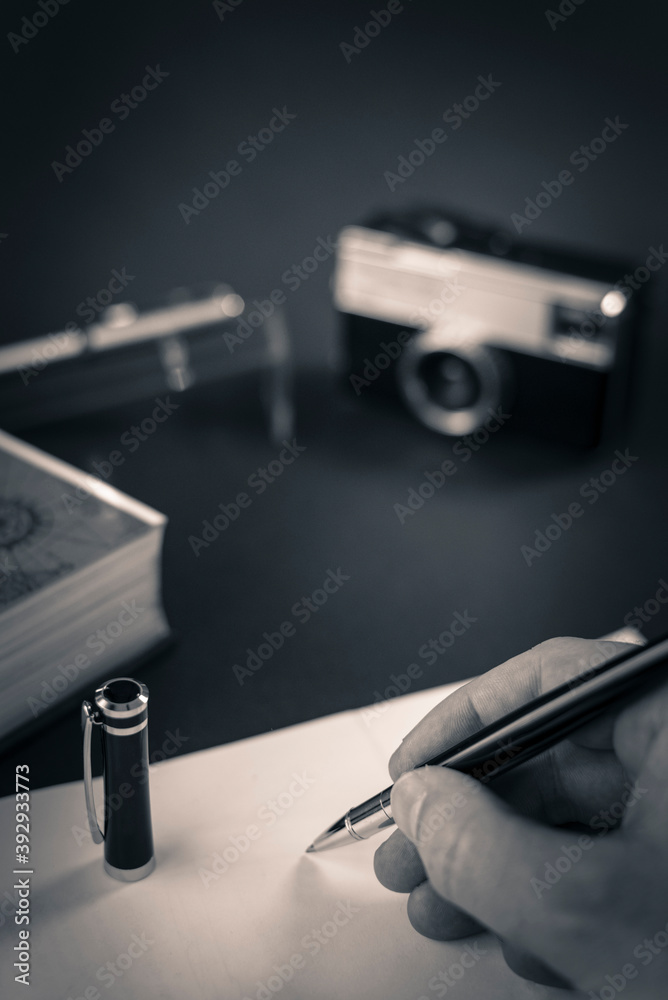 Fototapeta premium First person point of view signing contract with luxury fountain pen on office desk