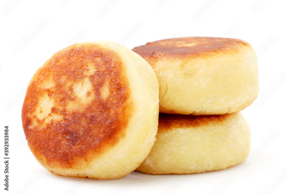 Fried cheese pancake on a white background. Isolated Fried cheese pancake on a white background. Isolated