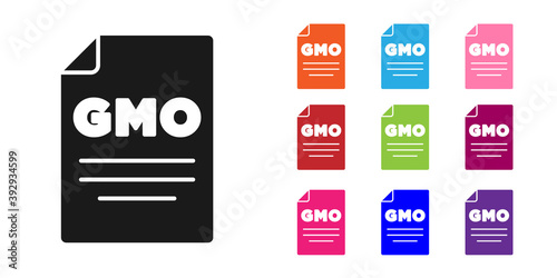 Black GMO icon isolated on white background. Genetically modified organism acronym. Dna food modification. Set icons colorful. Vector.
