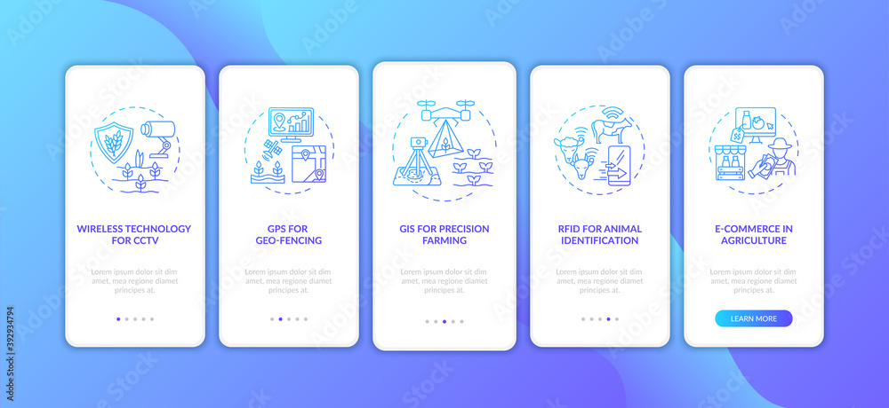 Information technology in agriculture onboarding mobile app page screen with concepts. GiS precision farming walkthrough 5 steps graphic instructions. UI vector template with RGB color illustrations