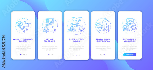 Information technology in agriculture onboarding mobile app page screen with concepts. GiS precision farming walkthrough 5 steps graphic instructions. UI vector template with RGB color illustrations