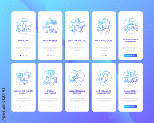 Agriculture technology onboarding mobile app page screen with concepts set. Pests and weeds elimination walkthrough 10 steps graphic instructions. UI vector template with RGB color illustrations