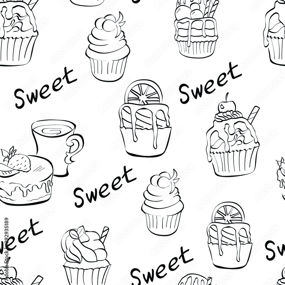 Cake, sweet, tasty hand drawn vector seamless pattern isolated on white background. Concept for wallpaper, wrapping paper, cards, menu Cake, sweet, tasty hand drawn vector seamless pattern isolated on white background. Concept for wallpaper, wrapping paper, cards, menu