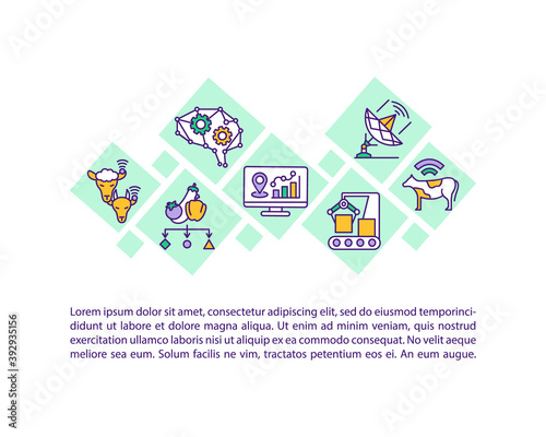 Technologies in agriculture industry concept icon with text. Smart farming. PPT page vector template. Brochure, magazine, booklet design element with linear illustrations