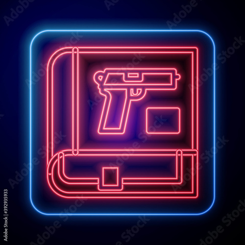 Glowing neon Book with pistol or gun icon isolated on blue background. Police or military handgun. Small firearm. Weapon catalog. Vector.