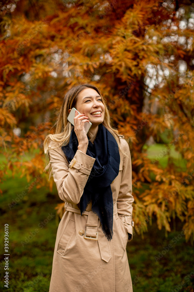 Young woman using mobile phone in the autumn park Young woman using mobile phone in the autumn park