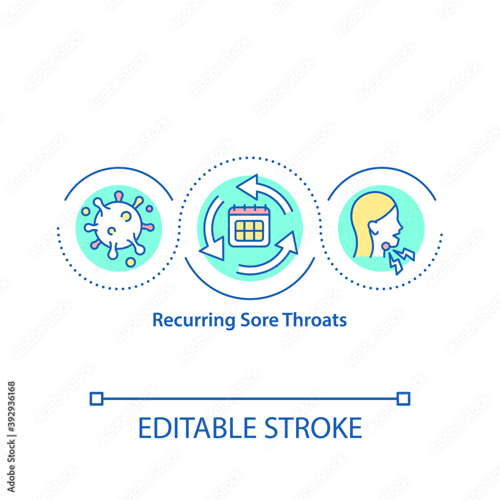 Recurring sore throats concept icon. Always getting problems with your health. Disease treatment plan idea thin line illustration. Vector isolated outline RGB color drawing. Editable stroke Recurring sore throats concept icon. Always getting problems with your health. Disease treatment plan idea thin line illustration. Vector isolated outline RGB color drawing. Editable stroke