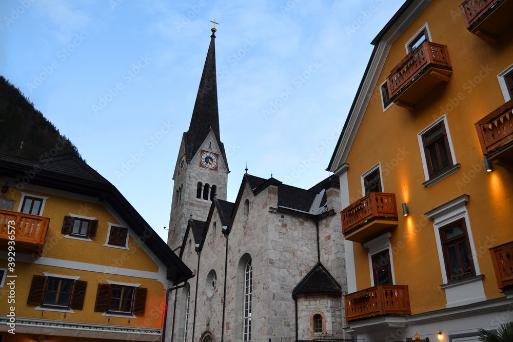 Old town streets with historical edifices, Alpine architecture. Hallstatt, Austria, Salzkammergut