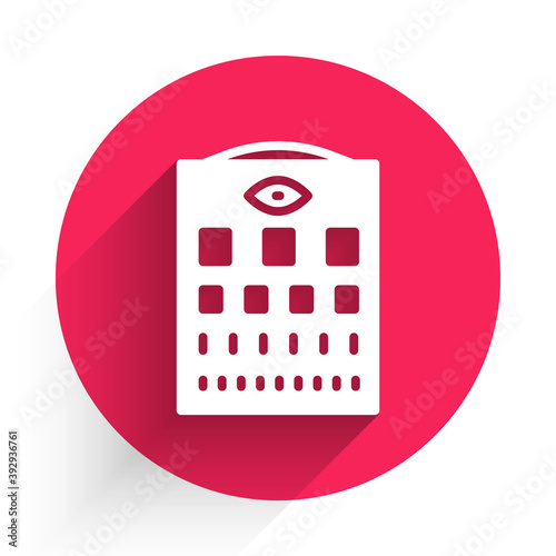 White Eye test chart icon isolated with long shadow. Poster for vision testing in ophthalmic study. Snellen chart. Red circle button. Vector.