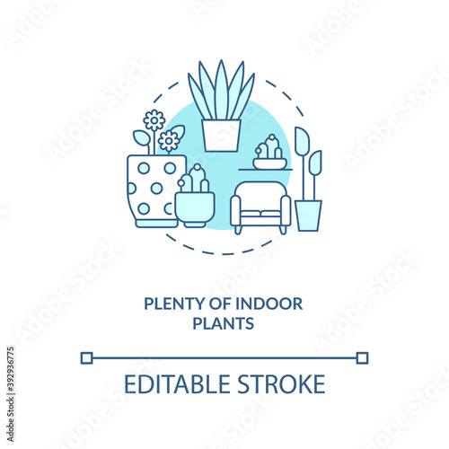 Plenty of indoor plants blue concept icon. Apartment gardening. Floral room. Comfortable interior. Biophilia idea thin line illustration. Vector isolated outline RGB color drawing. Editable stroke