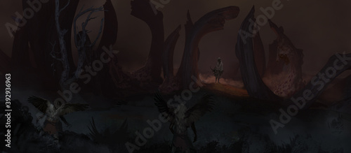 Digital painting of evil mythological harpy creatures stalking a wandering adventurer - fantasy illustration