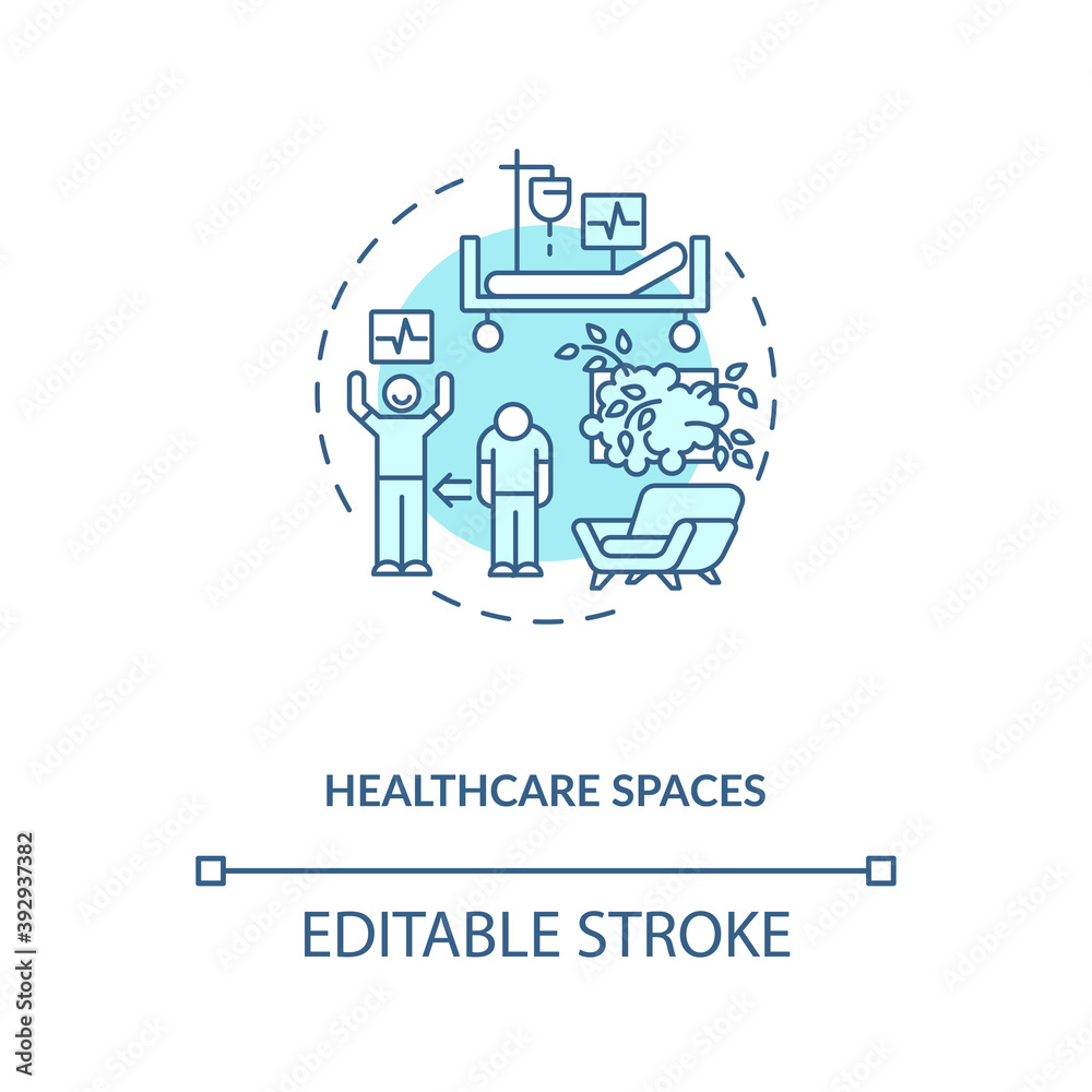 Healthcare spaces blue concept icon. Hospital environment. Patient healing. Mental wellness. Biophilia idea thin line illustration. Vector isolated outline RGB color drawing. Editable stroke