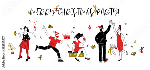Fototapeta Naklejka Na Ścianę i Meble -  Christmas party background or poster template with cartoon people and Christmas greeting text, vector illustration. New Year or Xmas party invitation design with funny dancing personages.