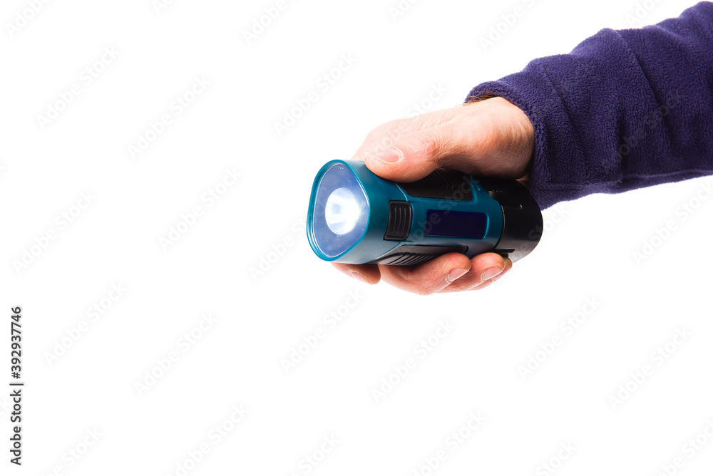 Hand with flashlight isolated on white background Hand with flashlight isolated on white background