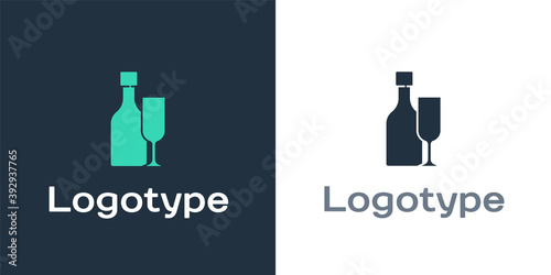 Logotype Wine bottle with glass icon isolated on white background. Logo design template element. Vector.