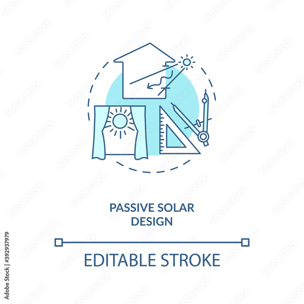 Passive solar design blue concept icon. Exposure to direct sunlight. Living space at home. Biophilia idea thin line illustration. Vector isolated outline RGB color drawing. Editable stroke