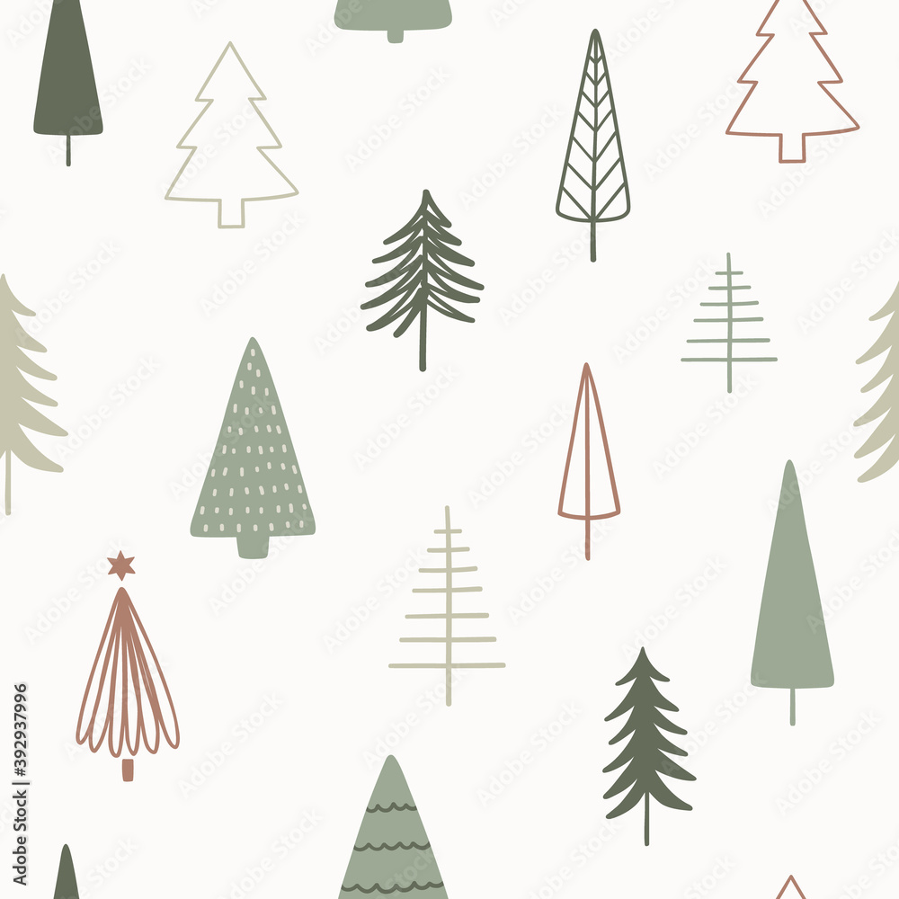 Christmas season vector seamless pattern. Hand drawn texture with Christmas trees for wallpaper, pattern fills, web page background, wrapping paper..