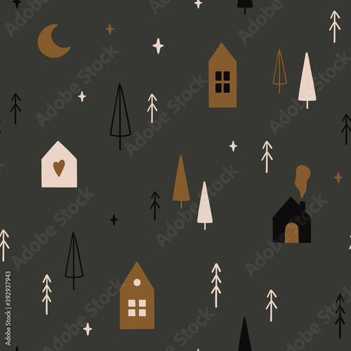 Seamless pattern with Christmas trees, moon, stars and cute scandinavian houses. Creative hand drawn textures for wallpaper, pattern fills, web page background, wrapping paper.
