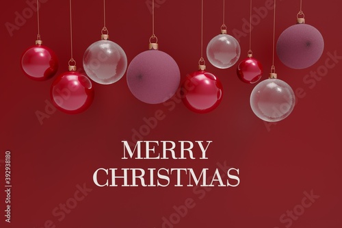 3d render, Realistic red, gold, silver Christmas balls isolated on red background.