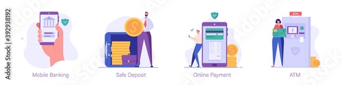 Handholding phone, logs into the mobile bank, man keeps coins in safe, guy pays bills online, woman uses an ATM. Set of mobile banking, safe deposit, online payment, ATM. Vector illustration in flat