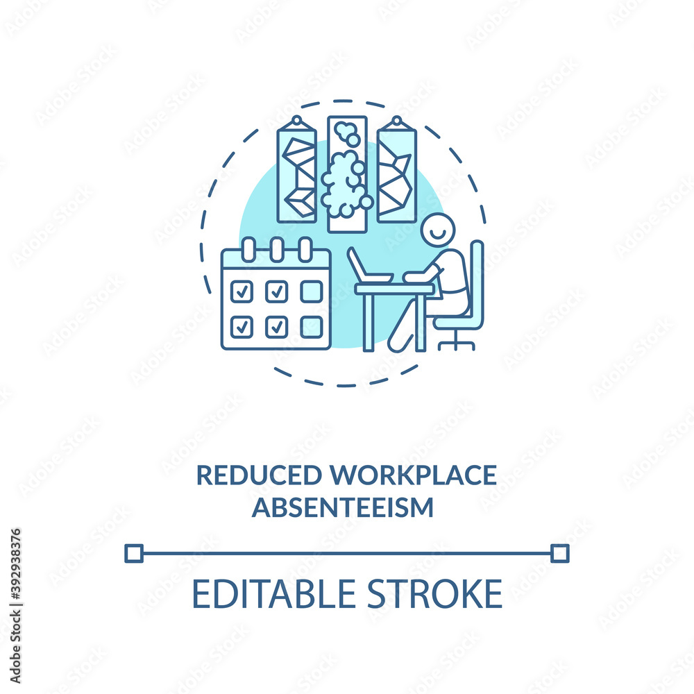 Reduced workplace absenteeism blue concept icon. Office comfort and convenience. Efficient workspace. Biophilia idea thin line illustration. Vector isolated outline RGB color drawing. Editable stroke