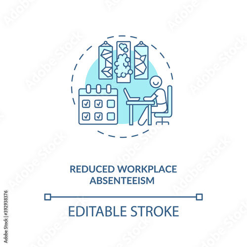 Fototapeta Naklejka Na Ścianę i Meble -  Reduced workplace absenteeism blue concept icon. Office comfort and convenience. Efficient workspace. Biophilia idea thin line illustration. Vector isolated outline RGB color drawing. Editable stroke