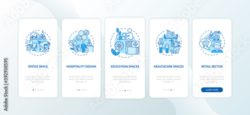 Green indoor environment blue onboarding mobile app page screen with concepts. Home interior. Biophilia walkthrough 5 steps graphic instructions. UI vector template with RGB color illustrations