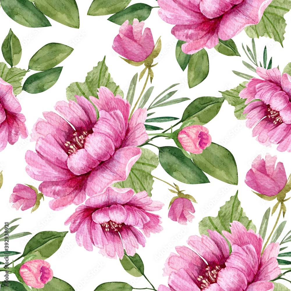 seamless pattern of delicate pink peonies flowers watercolor illustration on a white background. hand painted for wedding invitations, decor and design