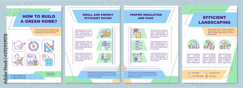 Green home brochure template. Sustainable building for living. Flyer, booklet, leaflet print, cover design with linear icons. Vector layouts for magazines, annual reports, advertising posters
