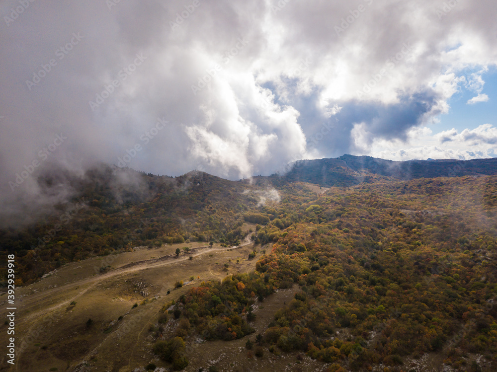 Aerial view to Ai-Petri plateau at fall season. It's most highest mountain located on the southern coast of Crimea.