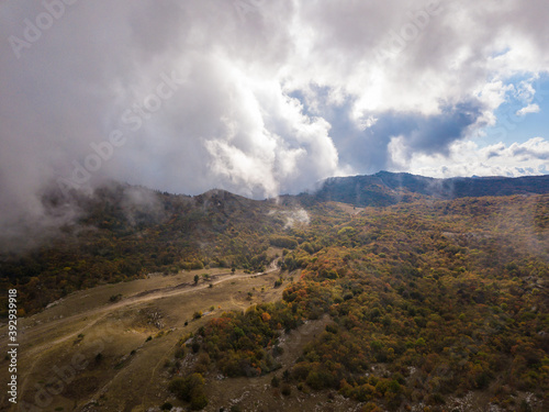 Aerial view to Ai-Petri plateau at fall season. It's most highest mountain located on the southern coast of Crimea. © umike_foto