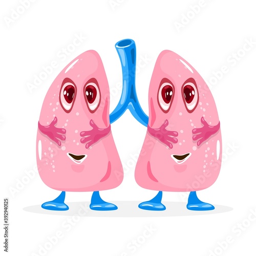 Happy cute lungs smiling. Vector organ with eyes, legs and hands. Body and health system. Lungs therapy, respiratory and pulmonology idea. Isolated on white background