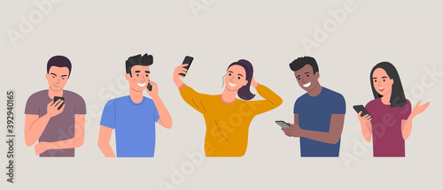 Different young people look into the smartphones. Vector flat cartoon style  illustration
