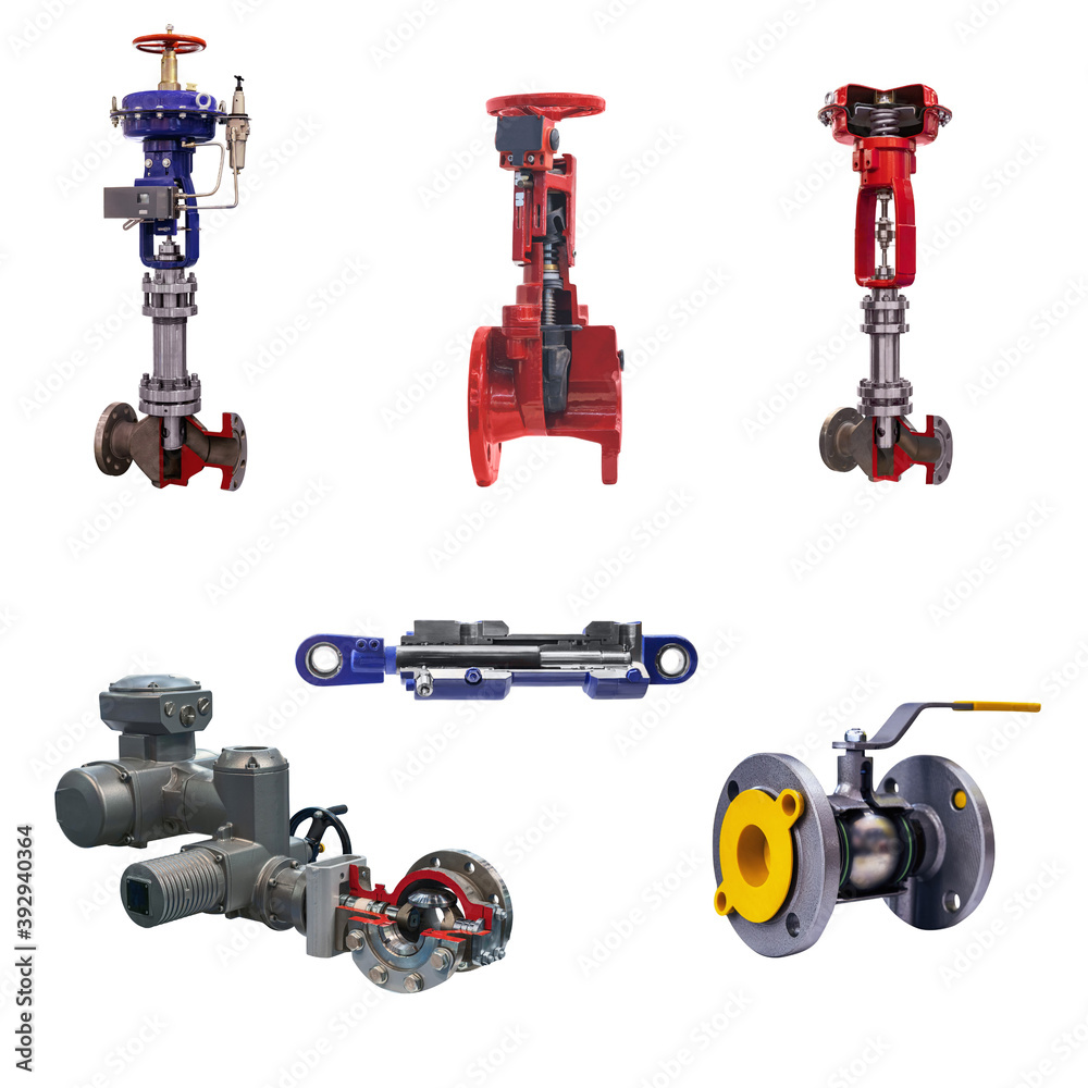 group of modern shut-off valves with automatic control for a gas pipeline isolated on a white background. Cross section group of modern shut-off valves with automatic control for a gas pipeline isolated on a white background. Cross section