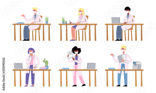 Vector set of doctors by table in face mask photo