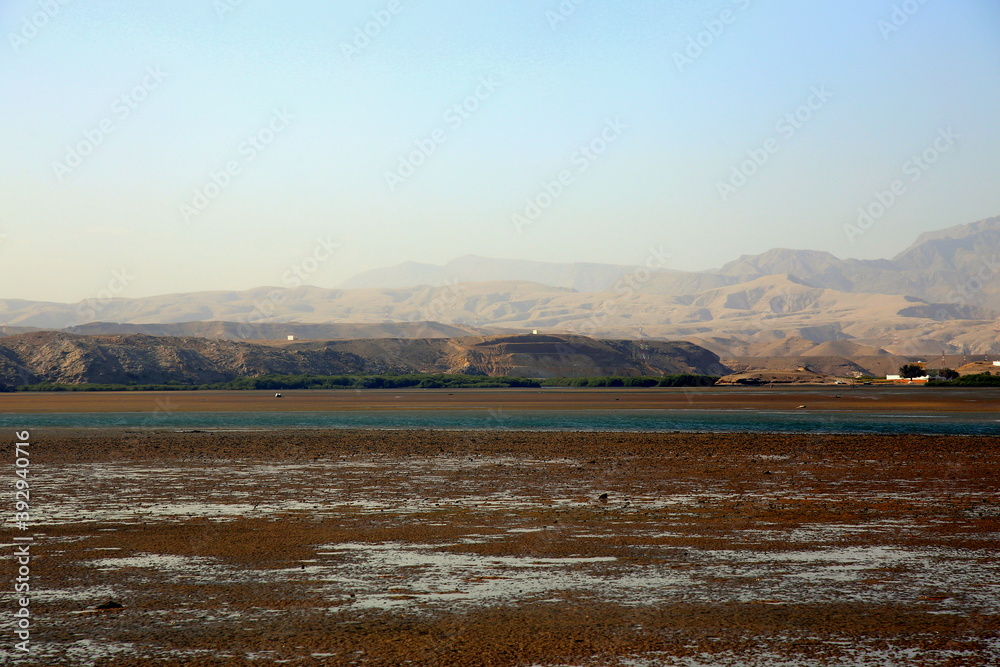 The colors of the Sur's lagoon with the mountains in the background, Sur, Oman