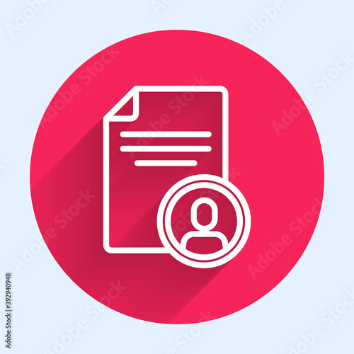 White line Resume icon isolated with long shadow. CV application. Searching professional staff. Analyzing personnel resume. Red circle button. Vector.