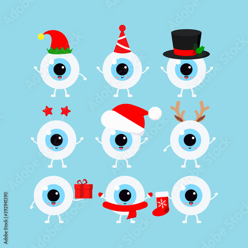 Chistmas eye, eyeball icon set isolated on background. Ophthalmology xmas winter health eyes character in santa hat, deer horns, elf, christmas gift, red sock. Flat design cartoon vector illustration.