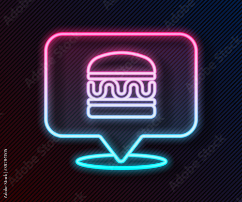 Glowing neon line Online ordering and burger delivery icon isolated on black background. Vector.