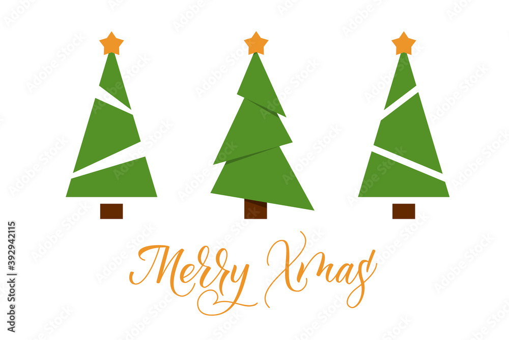 Set of Green Christmas Trees with a gold star on top in flat style with modern brush calligraphy Merry Xmas isolated on white background. Vector illustration.