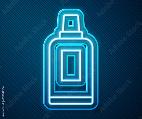 Glowing neon line Plastic bottle for laundry detergent, bleach, dishwashing liquid or another cleaning agent icon isolated on blue background. Vector.