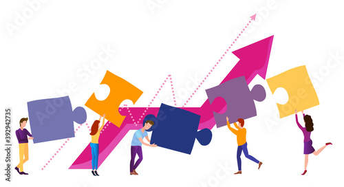 Team metaphor, people connecting puzzle elements. Symbol of teamwork, cooperation, partnership. Business concept, flat design style.