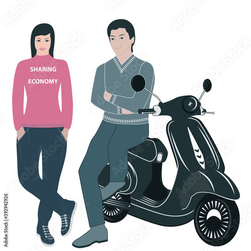 Scooter and owners man and woman. Vector illustration. Design concept. Sharing Economy.