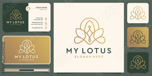 Minimalist logo lotus line style.logo for luxury beauty salon,line art, fashion, skin care, cosmetic, yoga, balance and spa products. logo templates and business card design.Premium Vector