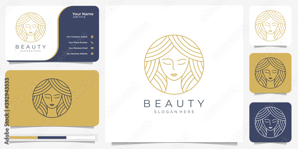 Beauty women hair circle line art style. logo and business card ...