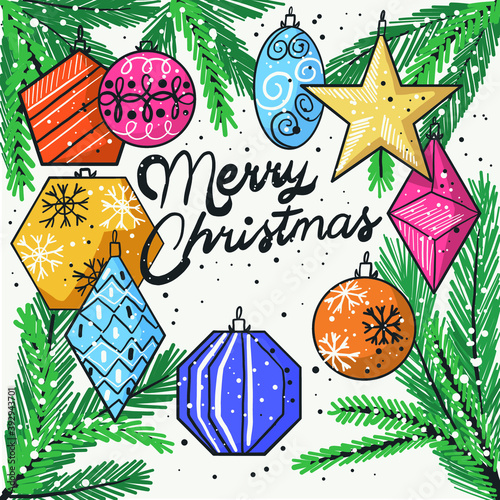 vector new year greeting card with calligraphic inscription and christmas tree decorations on branches. Christmas frame and poster. merry christmas greeting card design