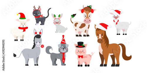 Christmas farm livestock animals set isolated on white background. Cute winter cartoon character -  sheep, goat, cow, donkey, horse, pig, cat, dog, rabbit. Vector flat design clip art illustration.