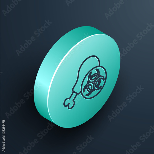 Isometric line Gmo research chicken icon isolated on black background. Syringe being injected to chicken. Turquoise circle button. Vector.