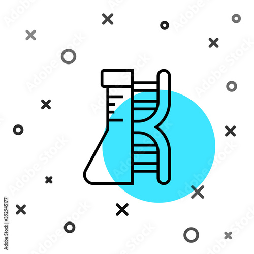 Black line DNA research, search icon isolated on white background. Genetic engineering, genetics testing, cloning, paternity testing. Random dynamic shapes. Vector.