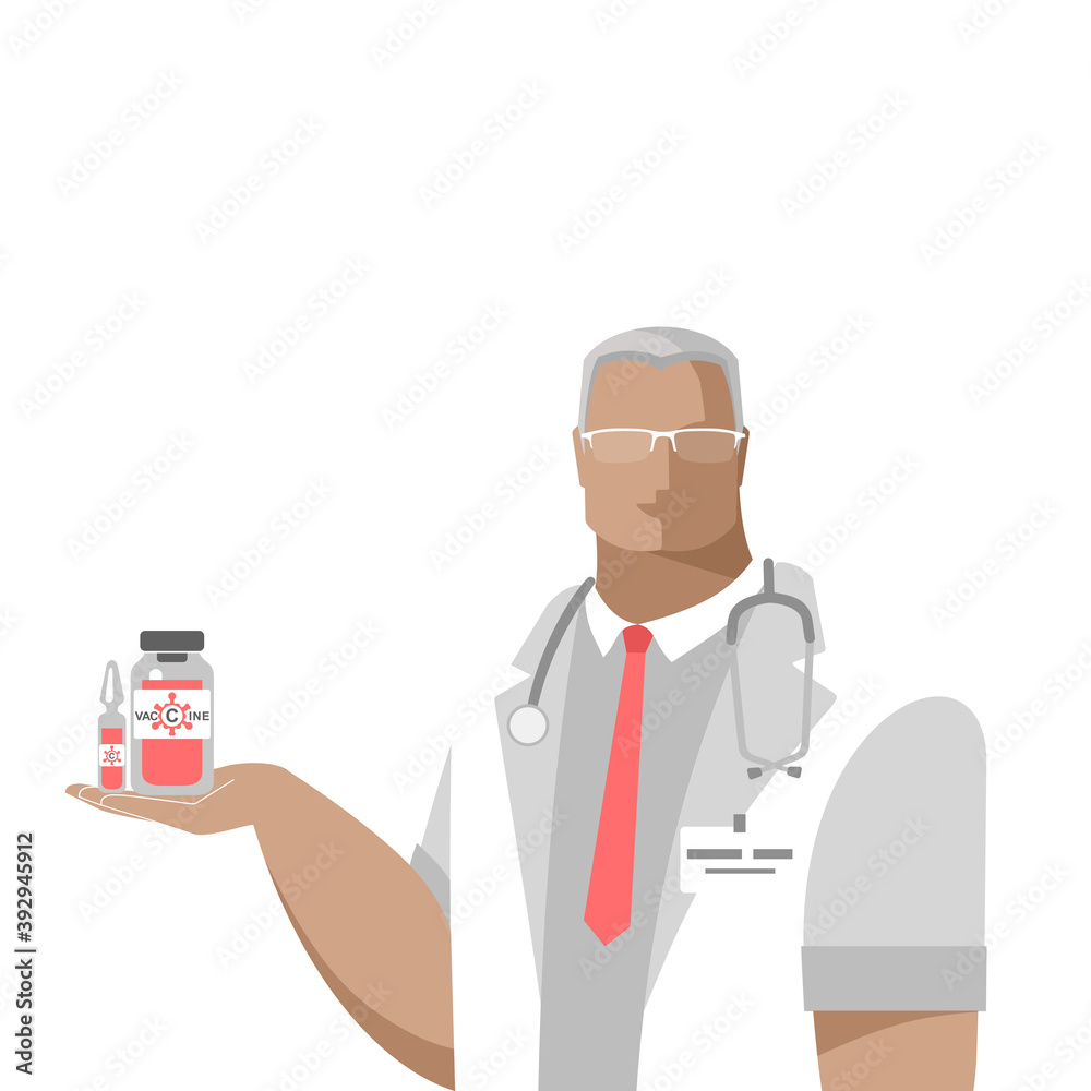 The doctor holds an antiviral vaccine, ampoule, vaccination immunity against coronavirus. Isolated color illustrations on a white background, vector The doctor holds an antiviral vaccine, ampoule, vaccination immunity against coronavirus. Isolated color illustrations on a white background, vector